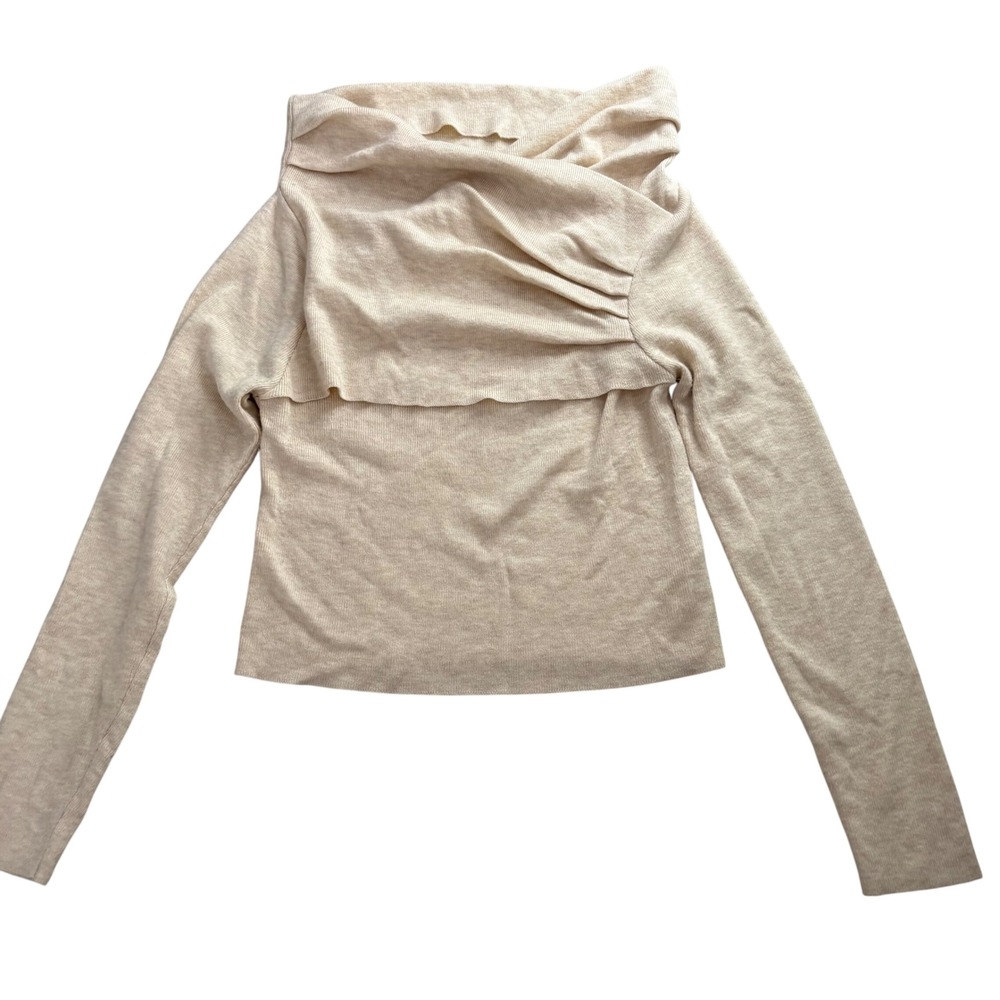 Commense Beige Draped Crossover Neckline Long Sleeve Knit Top OA231010118 Sz M